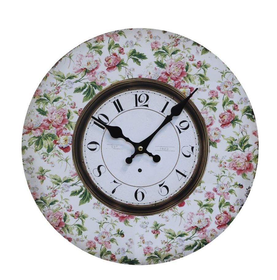 Nástěnné hodiny s květinami Flowers de Provence – 34*3cm/ 1*AA Chic Antique - LaHome - vintage dekorace