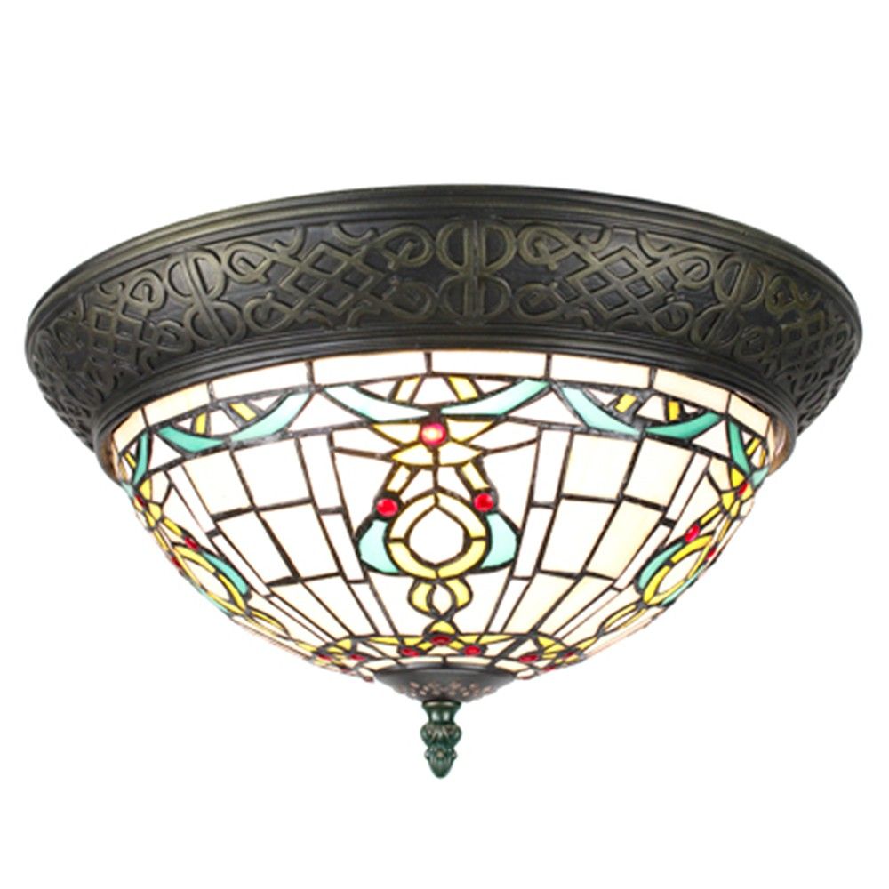 Bílo-hnědé stropní svítidlo Tiffany s ornamenty Vollio - Ø 38*20 cm E14/max 2*25W Clayre & Eef - LaHome - vintage dekorace