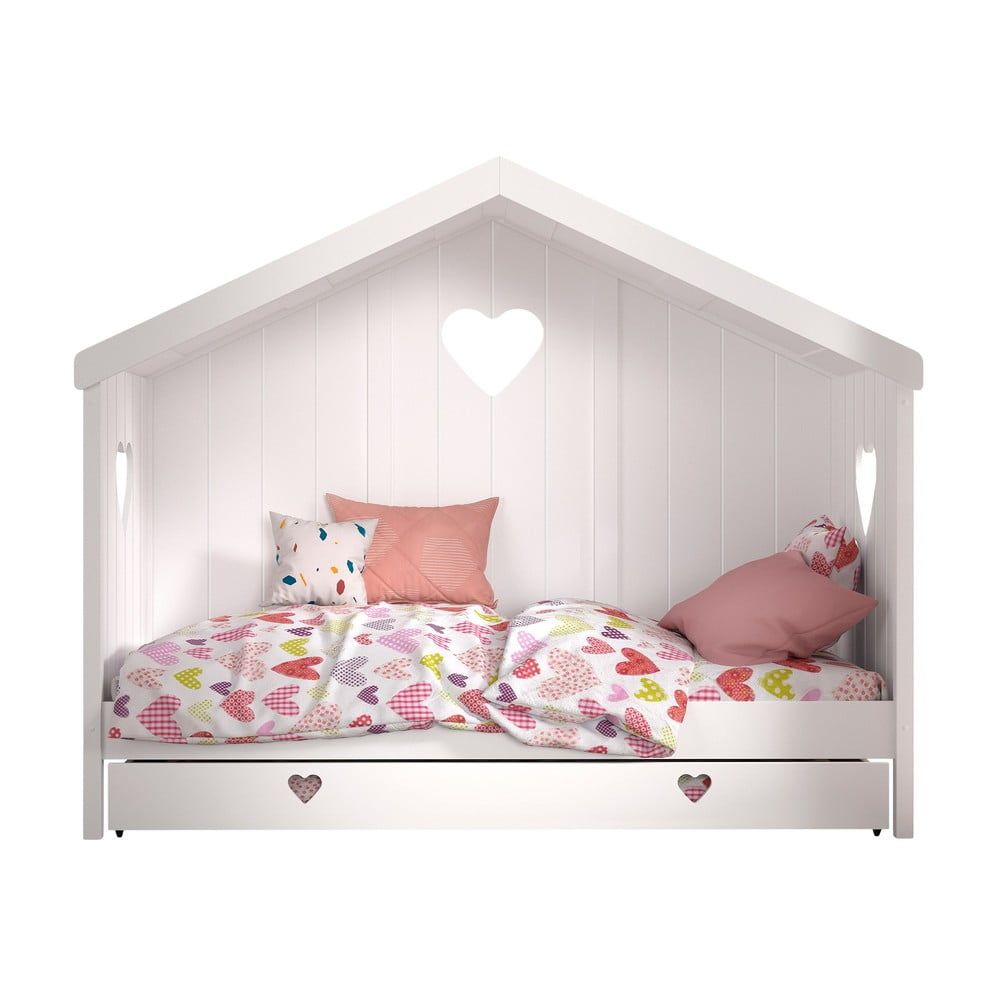 Bílá domečková dětská postel z borovicového dřeva s výsuvným lůžkem a úložným prostorem 90x200 cm AMORI – Vipack - Bonami.cz