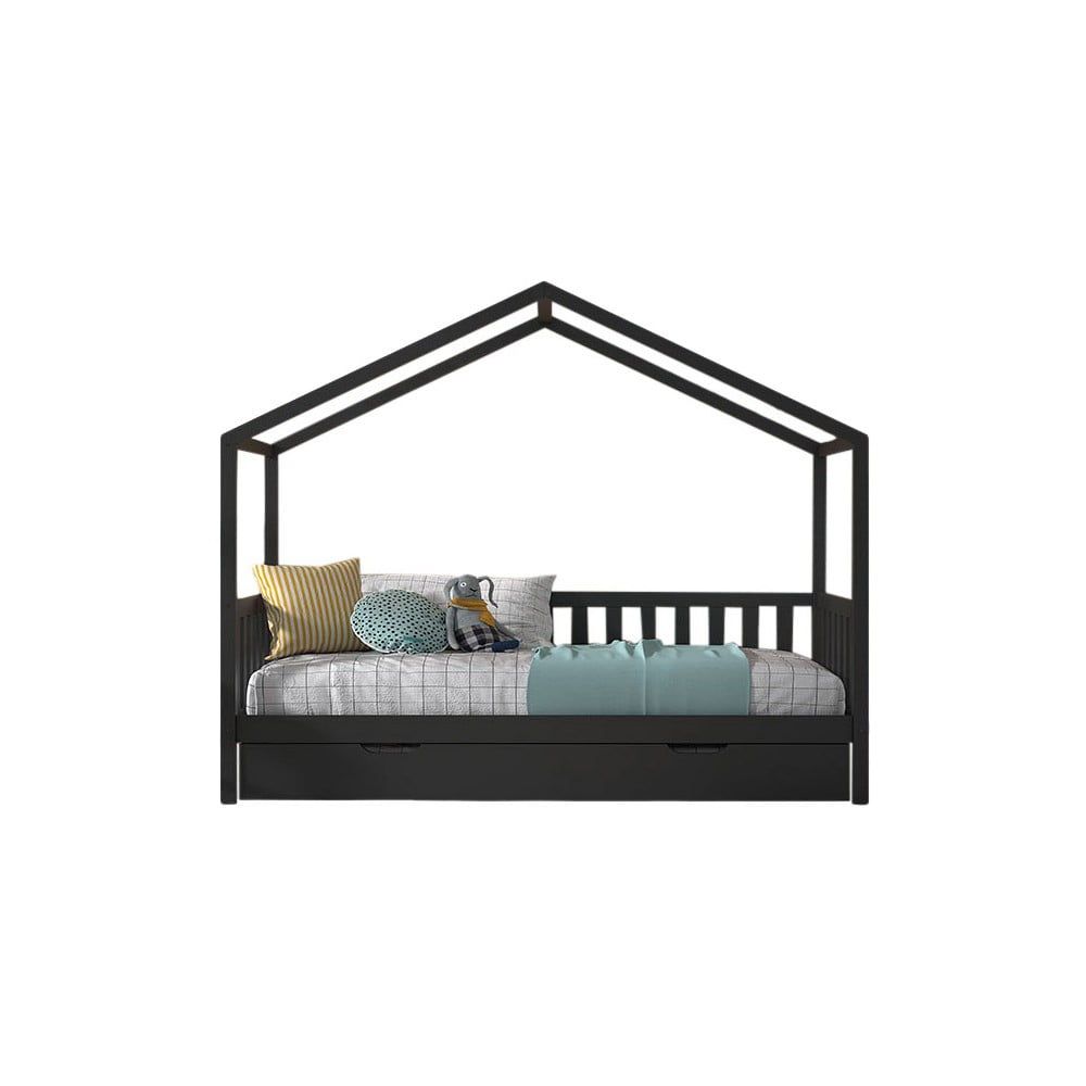 Antracitová domečková dětská postel z borovicového dřeva s výsuvným lůžkem a úložným prostorem 90x200 cm DALLAS – Vipack - Bonami.cz