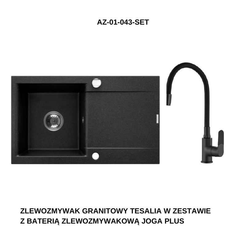 INVENA - Granitový dřez TESALIA dlouhý odkap, černý s automatickým sifonem, chrom + baterie JOGA PLUS AZ-01-043-SET - Hezká koupelna s.r.o.