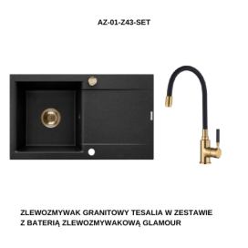 INVENA - Granitový dřez TESALIA dlouhý odkap, černý s automatickým sifonem, zlatý + baterie GLAMOUR AZ-01-Z43-SET