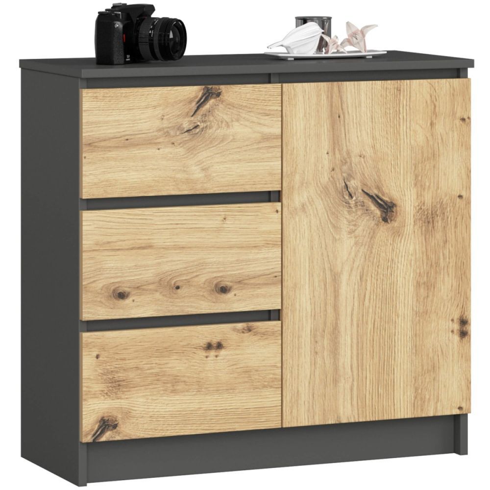 Ak furniture Komoda JERRY K 80 cm 1 dveře 3 zásuvky grafitově šedá/dub artisan - Houseland.cz