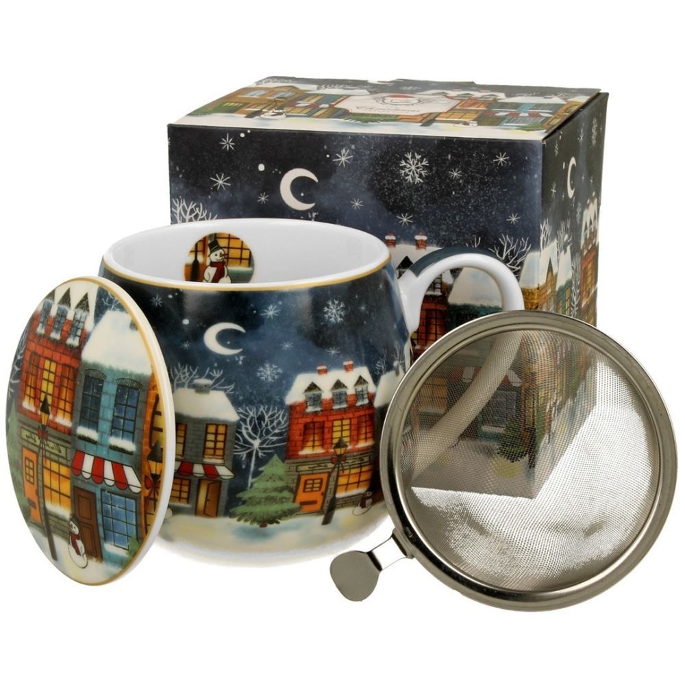 DekorStyle Vánoční porcelánový hrnek Christmas City s infuzérem 430 ml vícebarevný - Houseland.cz