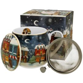 DekorStyle Vánoční porcelánový hrnek Christmas City s infuzérem 430 ml vícebarevný