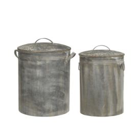 2ks kulatý plechový zinkový antik kbelík s víkem Planters - Ø 36*49/ Ø 30*44 cm Chic Antique